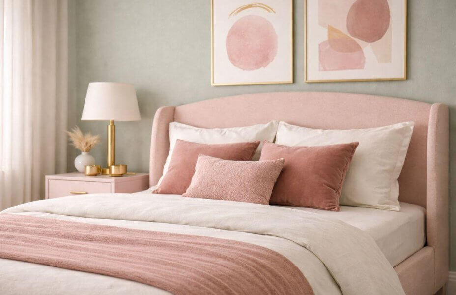 Szałwiowa sypialnia z różowym łóżkiem