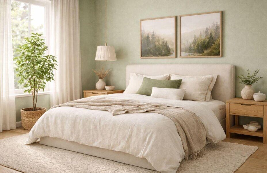 Szałwiowa sypialnia z jasnym umeblowaniem