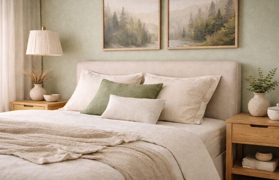 Szałwiowa sypialnia z kremowym łóżkiem