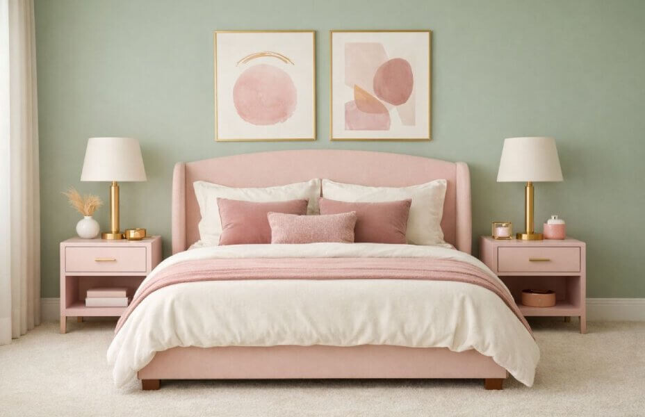 Aranżacja szałwiowej sypialni z różowymi meblami