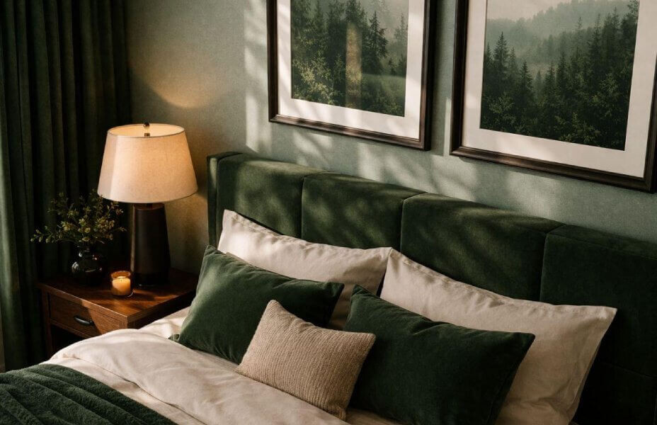 Szałowiowa sypialnia z zielonym łóżkiem