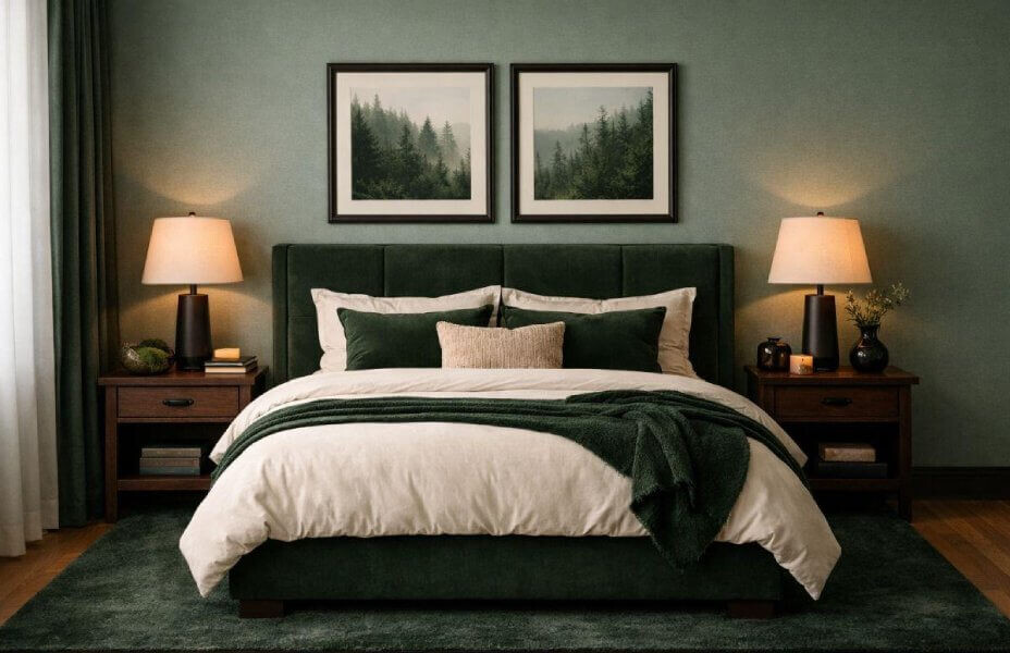 Aranżacja szałwiowej sypialni z zielonym łóżkiem
