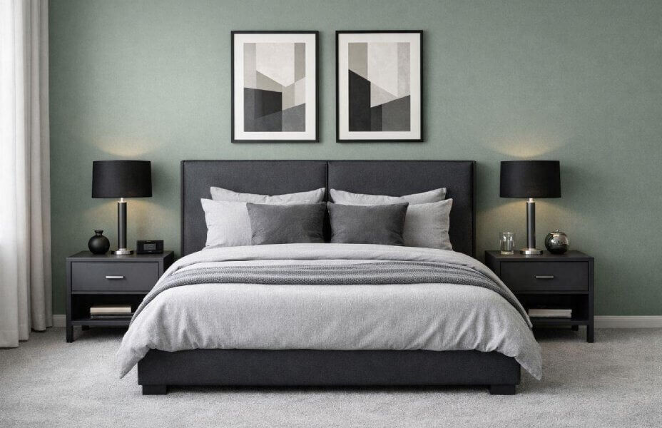 Aranżacja szałwiowej sypialni z ciemnymi meblami